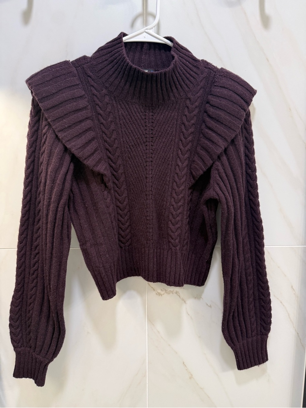 PAIGE Deep plum / Eggplant  Cable-Knit Ruffle Shoulder Turtleneck Sweater